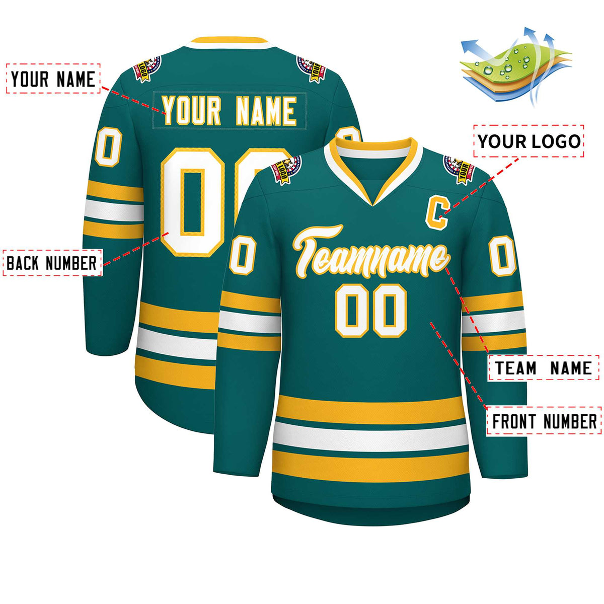 Custom Aqua White-Gold Classic Style Hockey Jersey | KXKSHOP