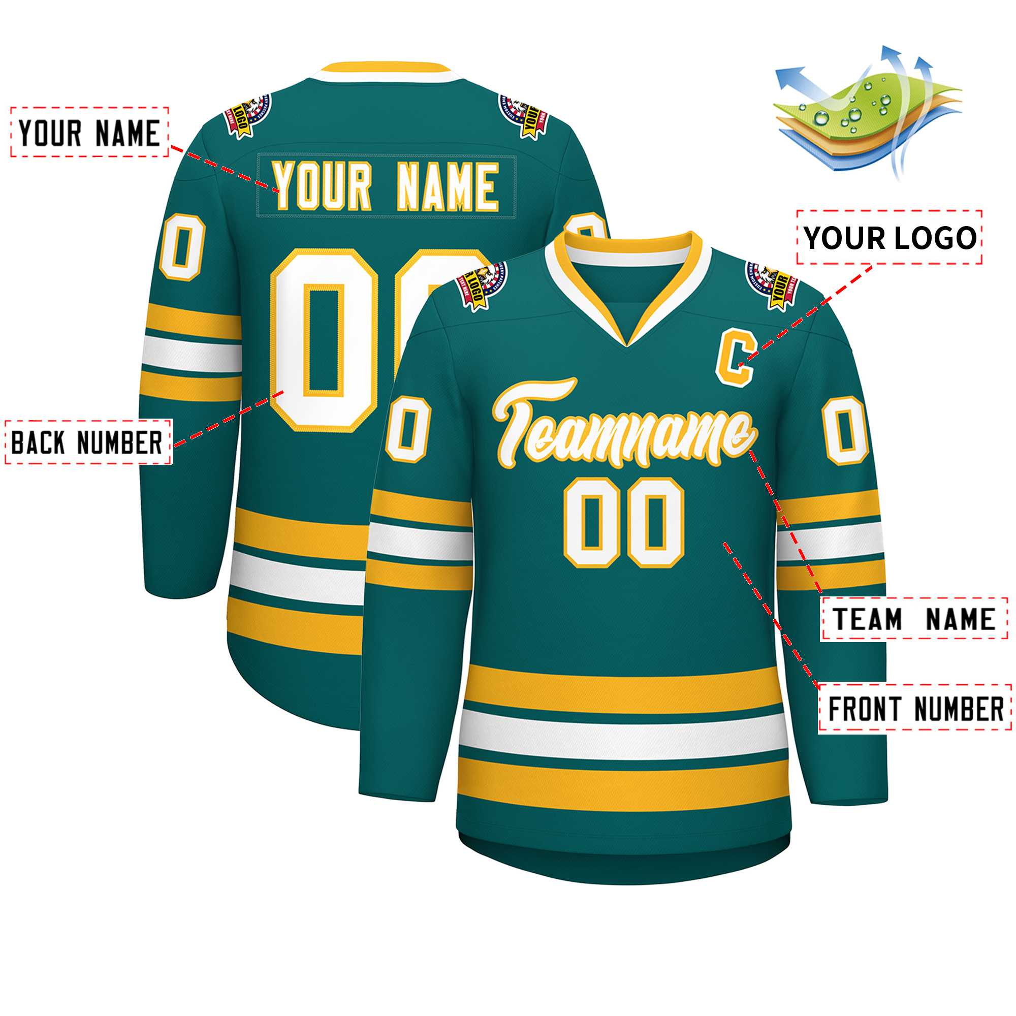 Custom Aqua White-Gold Classic Style Hockey Jersey | KXKSHOP