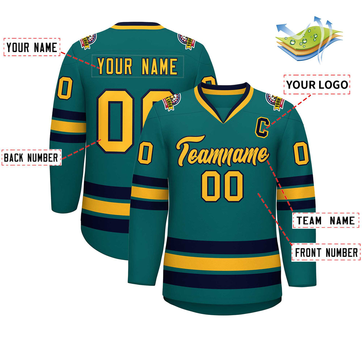 Custom Aqua Gold-Navy Classic Style Hockey Jersey | KXKSHOP