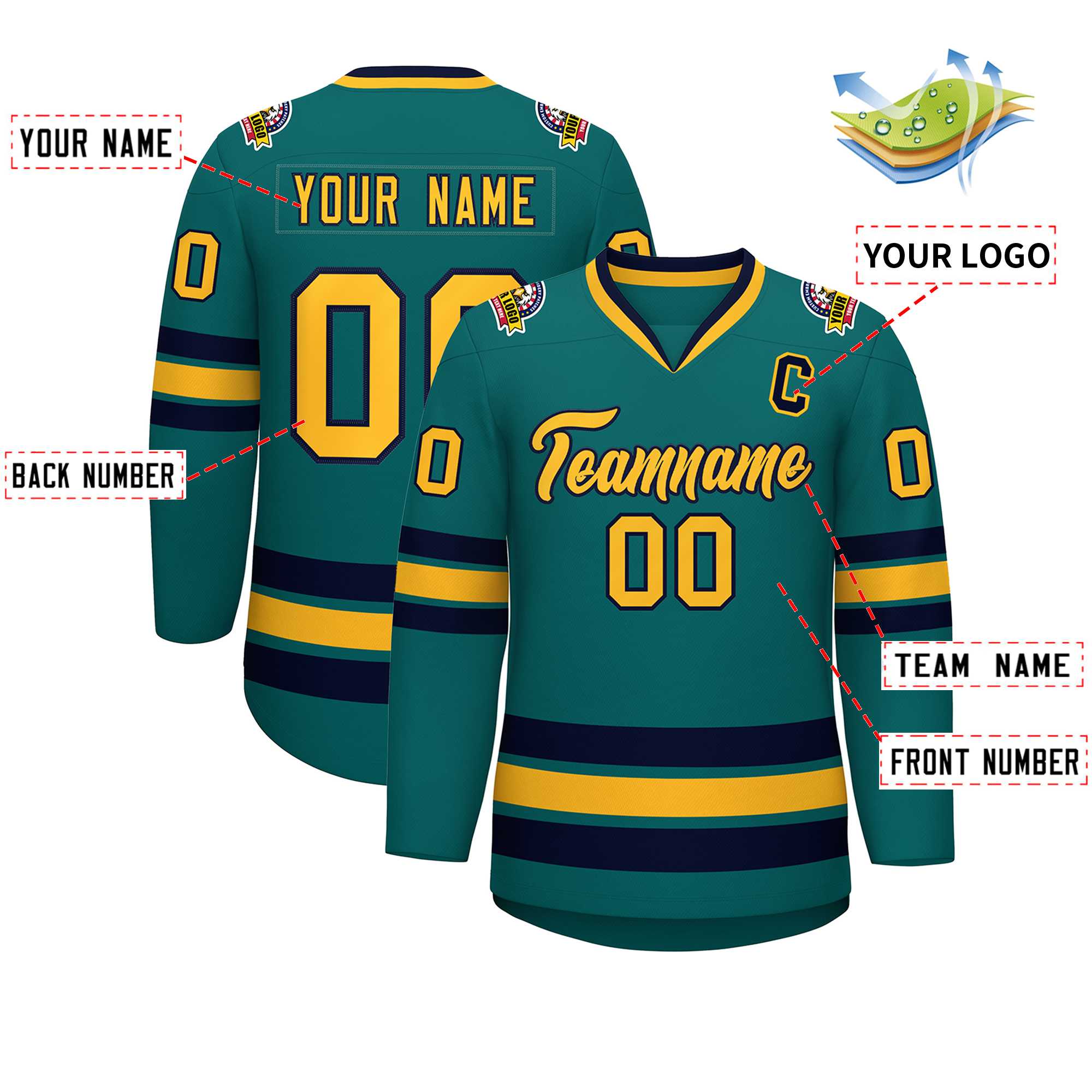 Custom Aqua Gold-Navy Classic Style Hockey Jersey | KXKSHOP