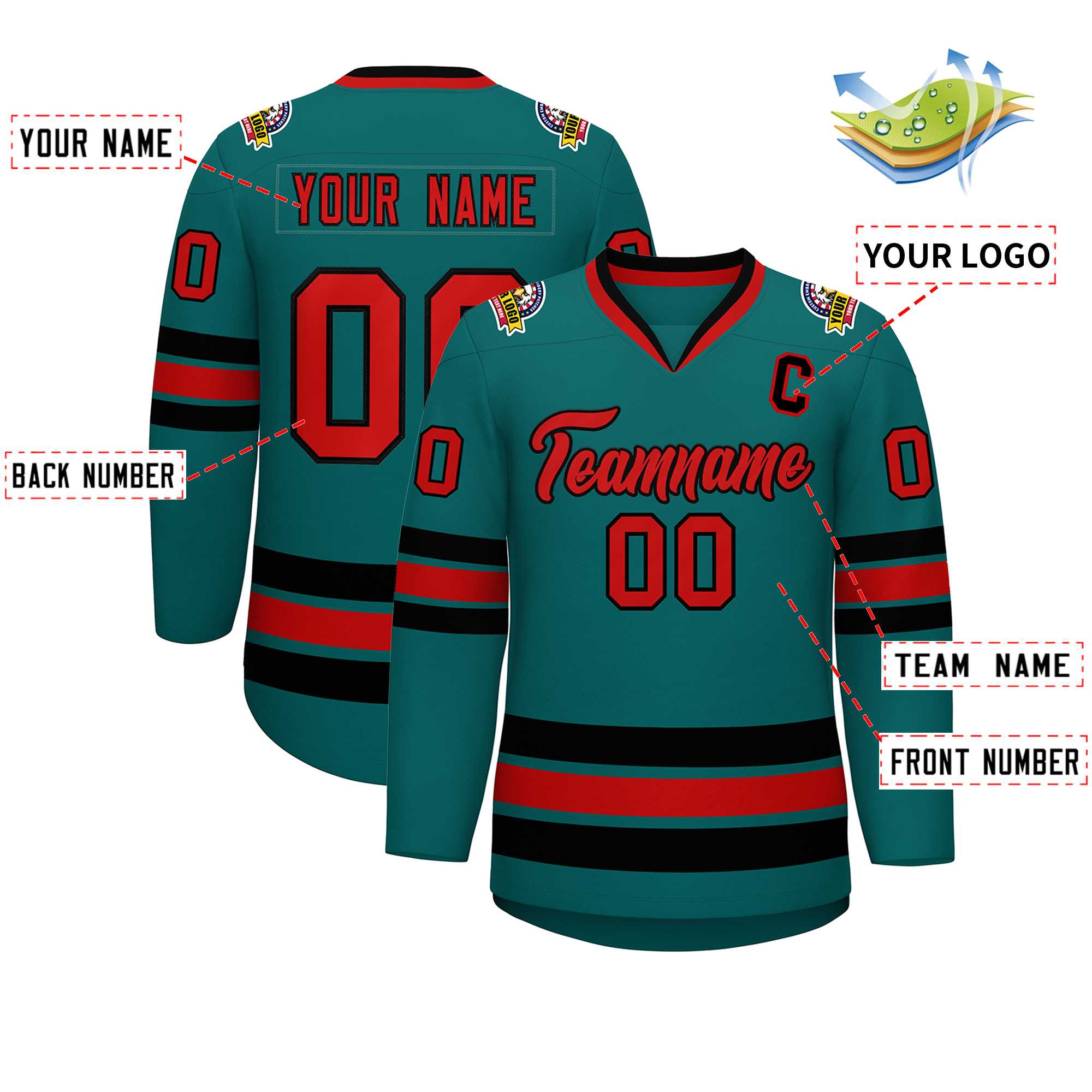 Custom Aqua Red-Black Classic Style Hockey Jersey | KXKSHOP