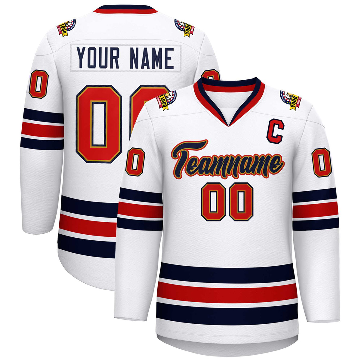 Custom White Navy Old Gold-Red Classic Style Hockey Jersey | KXKSHOP