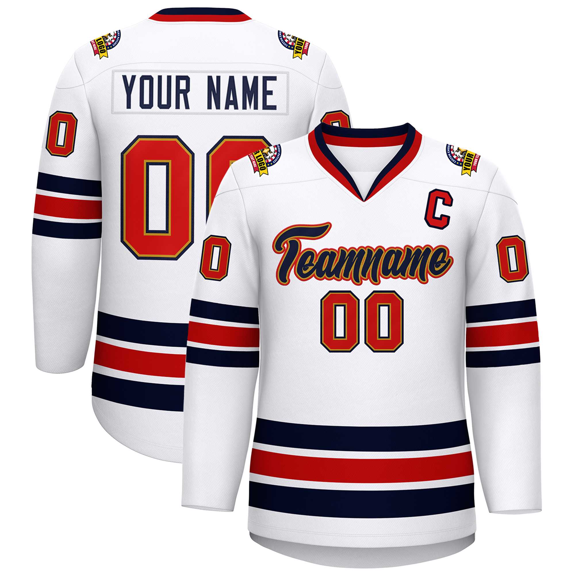 Custom White Navy Old Gold-Red Classic Style Hockey Jersey | KXKSHOP