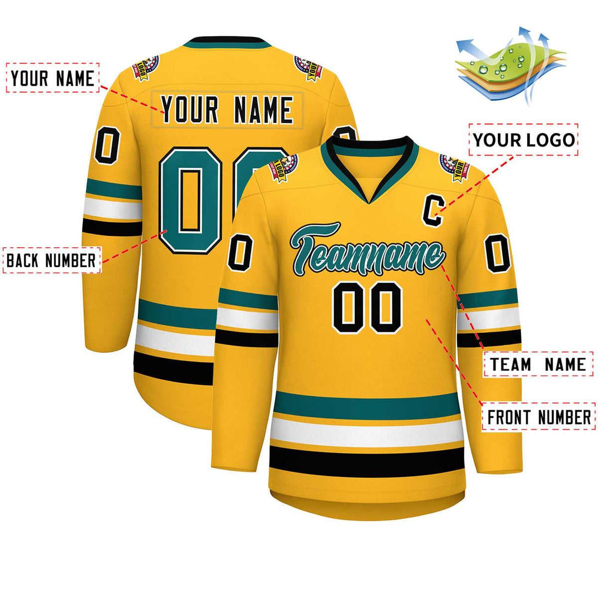 Custom Gold Aqua White-Black Classic Style Hockey Jersey | KXKSHOP