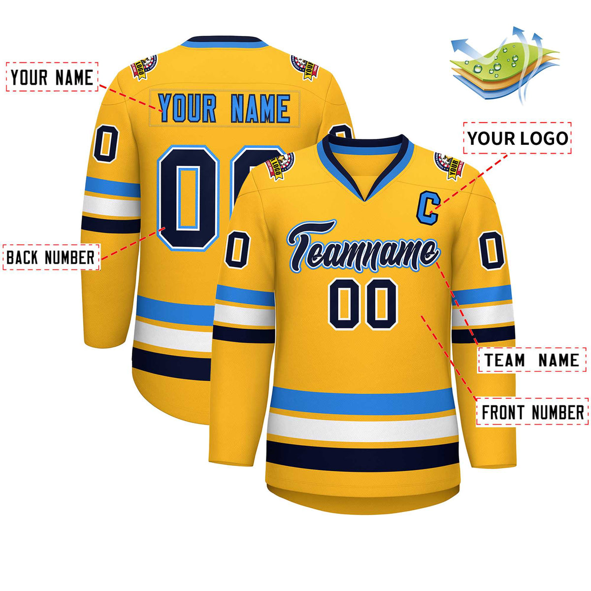 Custom Gold Navy White-Powder Blue Classic Style Hockey Jersey | KXKSHOP