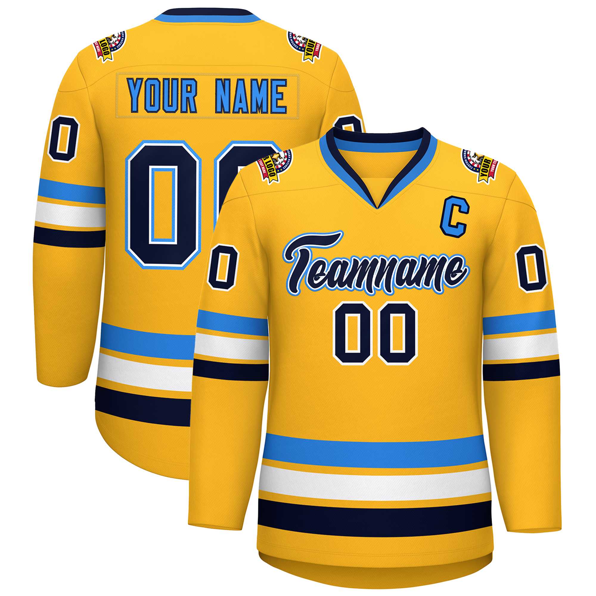 Custom Gold Navy White-Powder Blue Classic Style Hockey Jersey | KXKSHOP