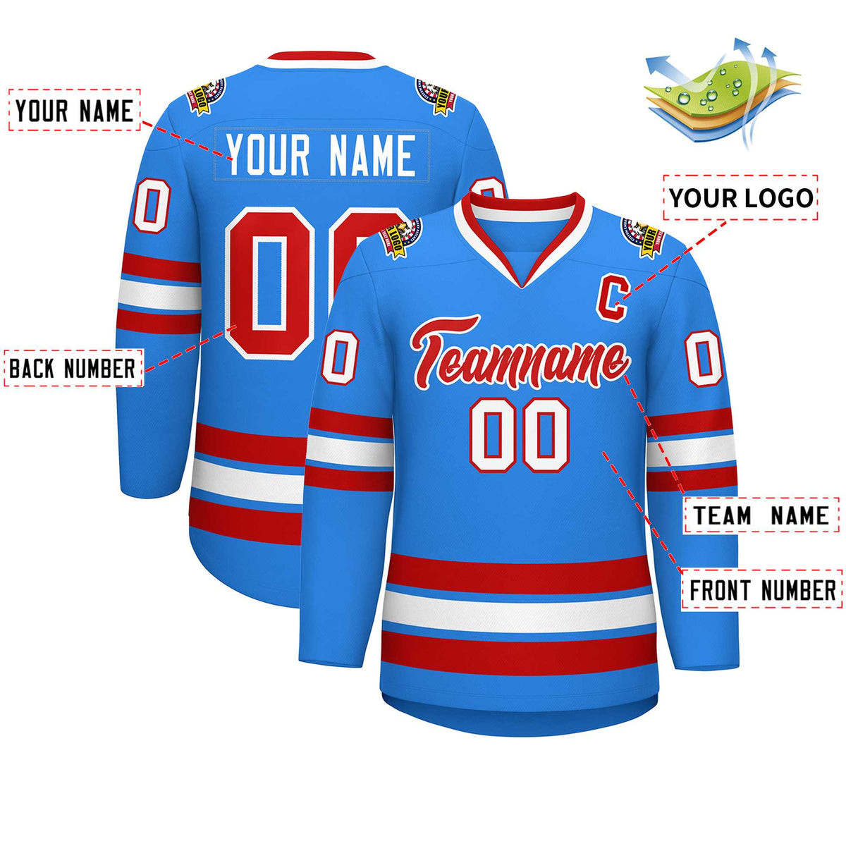 Custom Powder Blue Red-White Classic Style Hockey Jersey | KXKSHOP