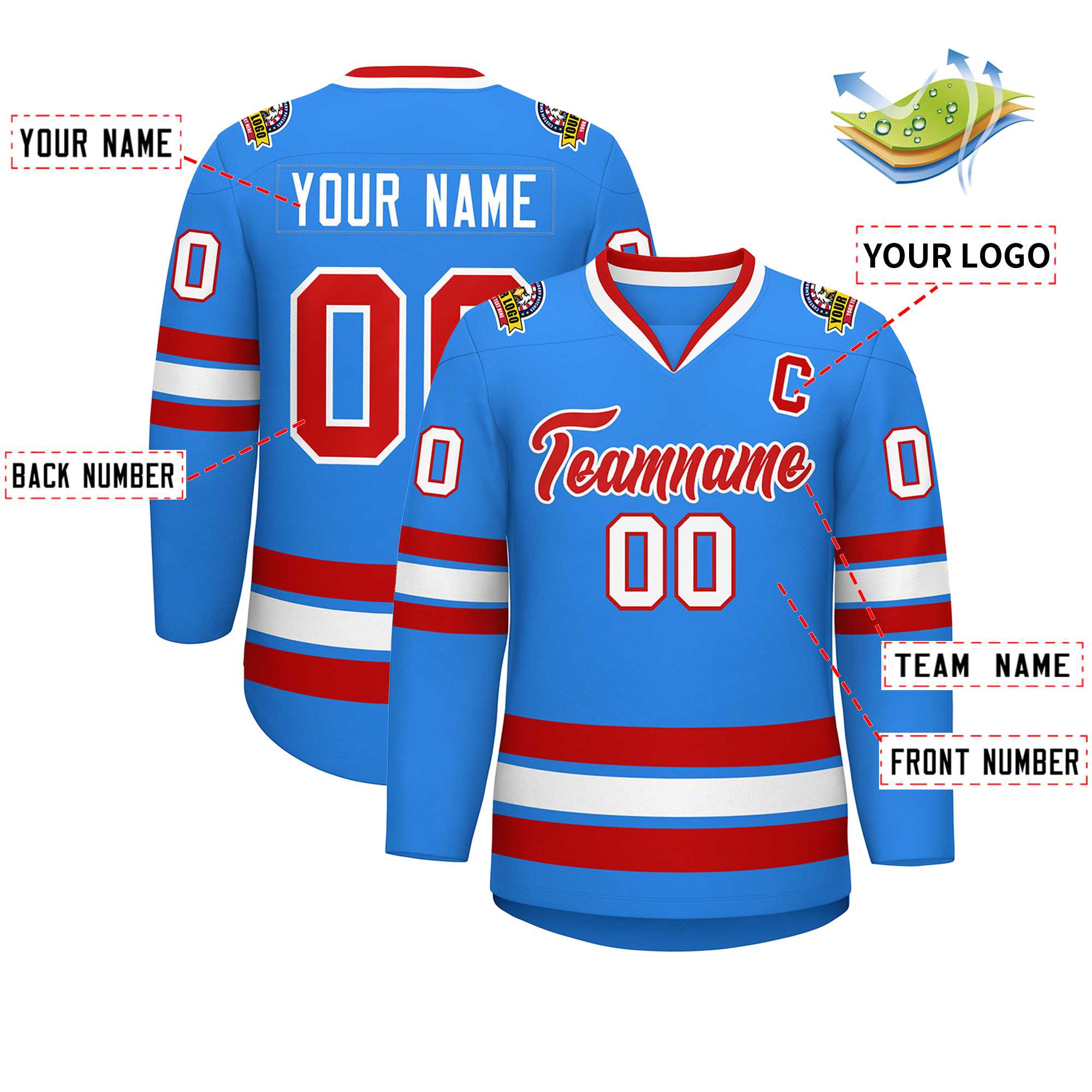 Custom Powder Blue Red-White Classic Style Hockey Jersey | KXKSHOP