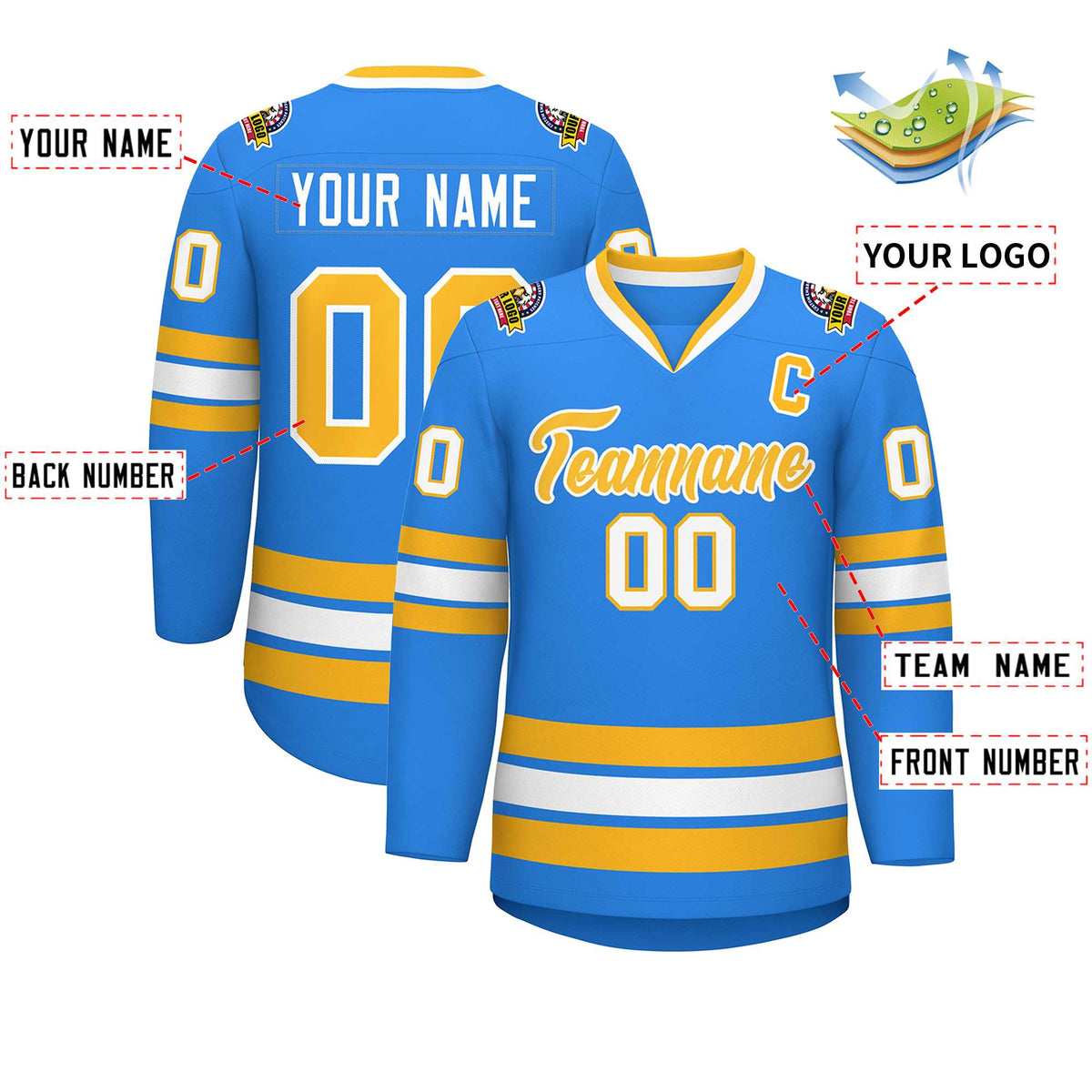 Custom Powder Blue Gold-White Classic Style Hockey Jersey | KXKSHOP