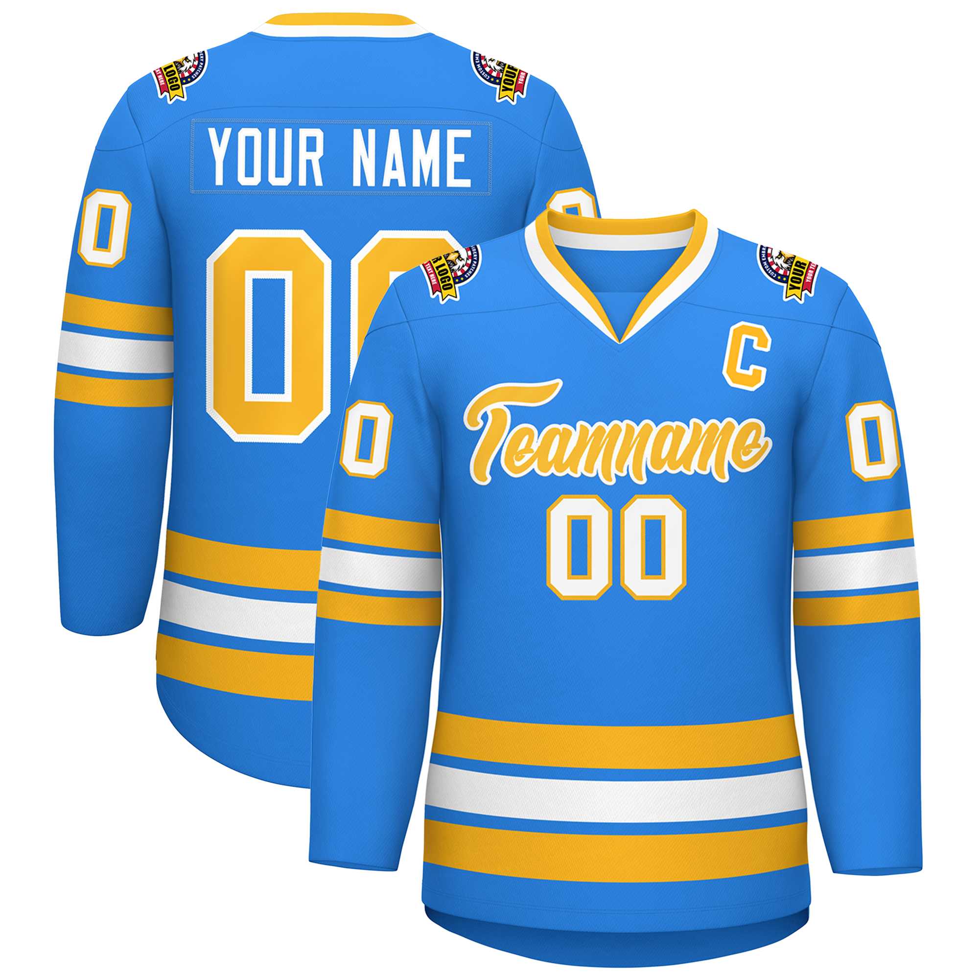 Custom Powder Blue Gold-White Classic Style Hockey Jersey | KXKSHOP
