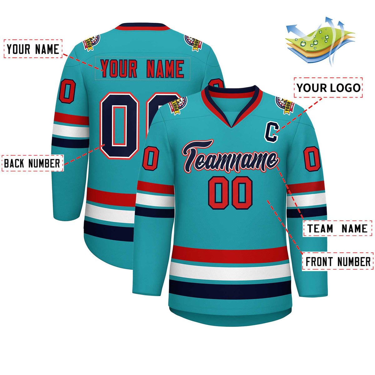 Custom Aqua Navy White-Red Classic Style Hockey Jersey | KXKSHOP