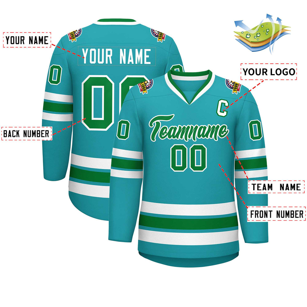 Custom Aqua Kelly Green-White Classic Style Hockey Jersey | KXKSHOP