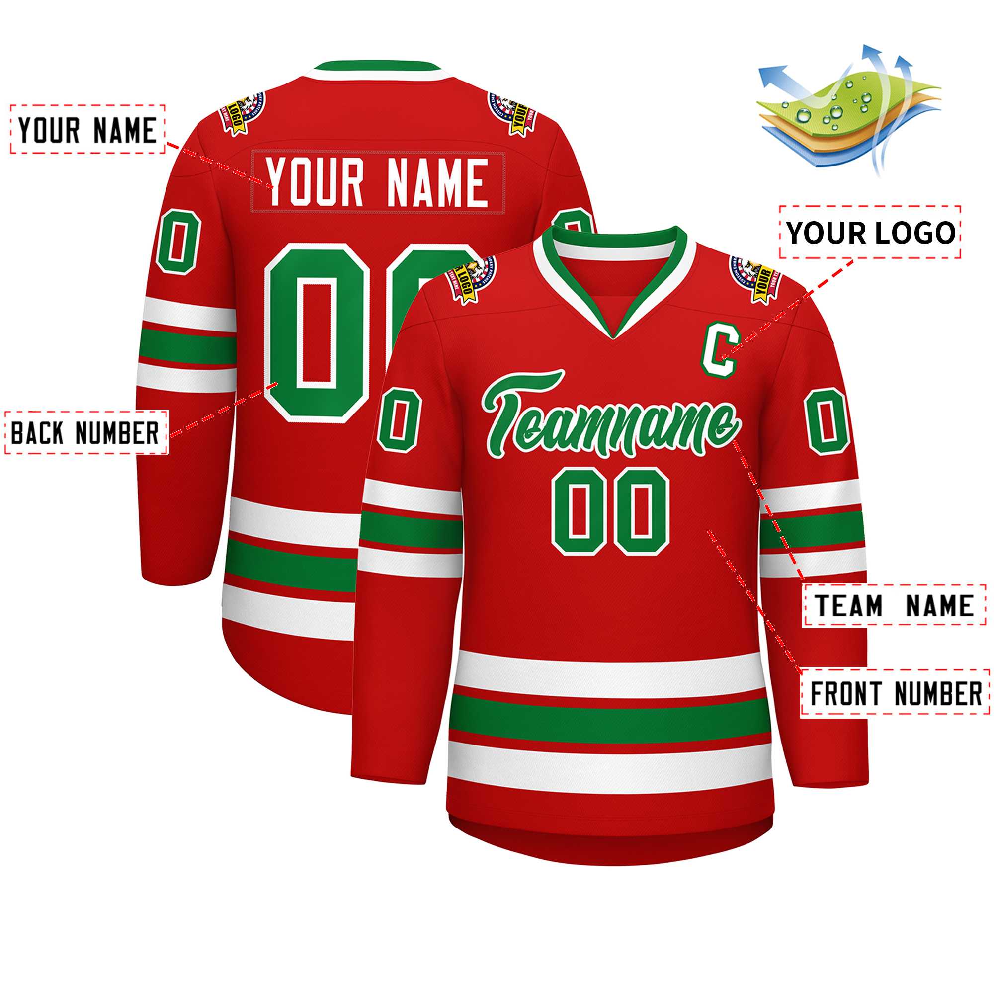 Custom Red Kelly Green-White Classic Style Hockey Jersey | KXKSHOP