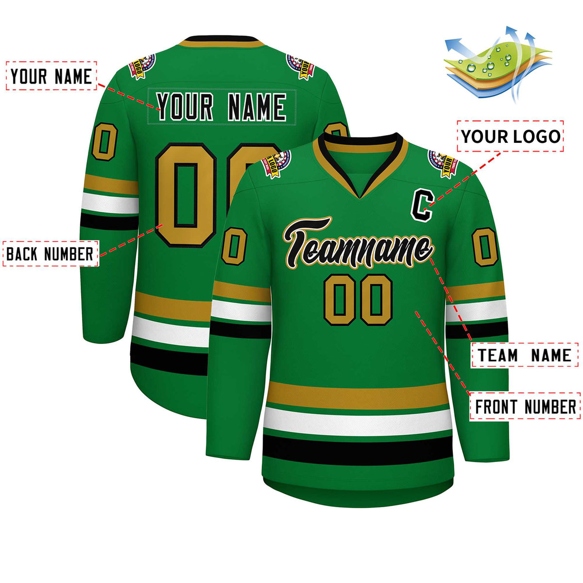 Custom Kelly Green Black White-Old Gold Classic Style Hockey Jersey | KXKSHOP