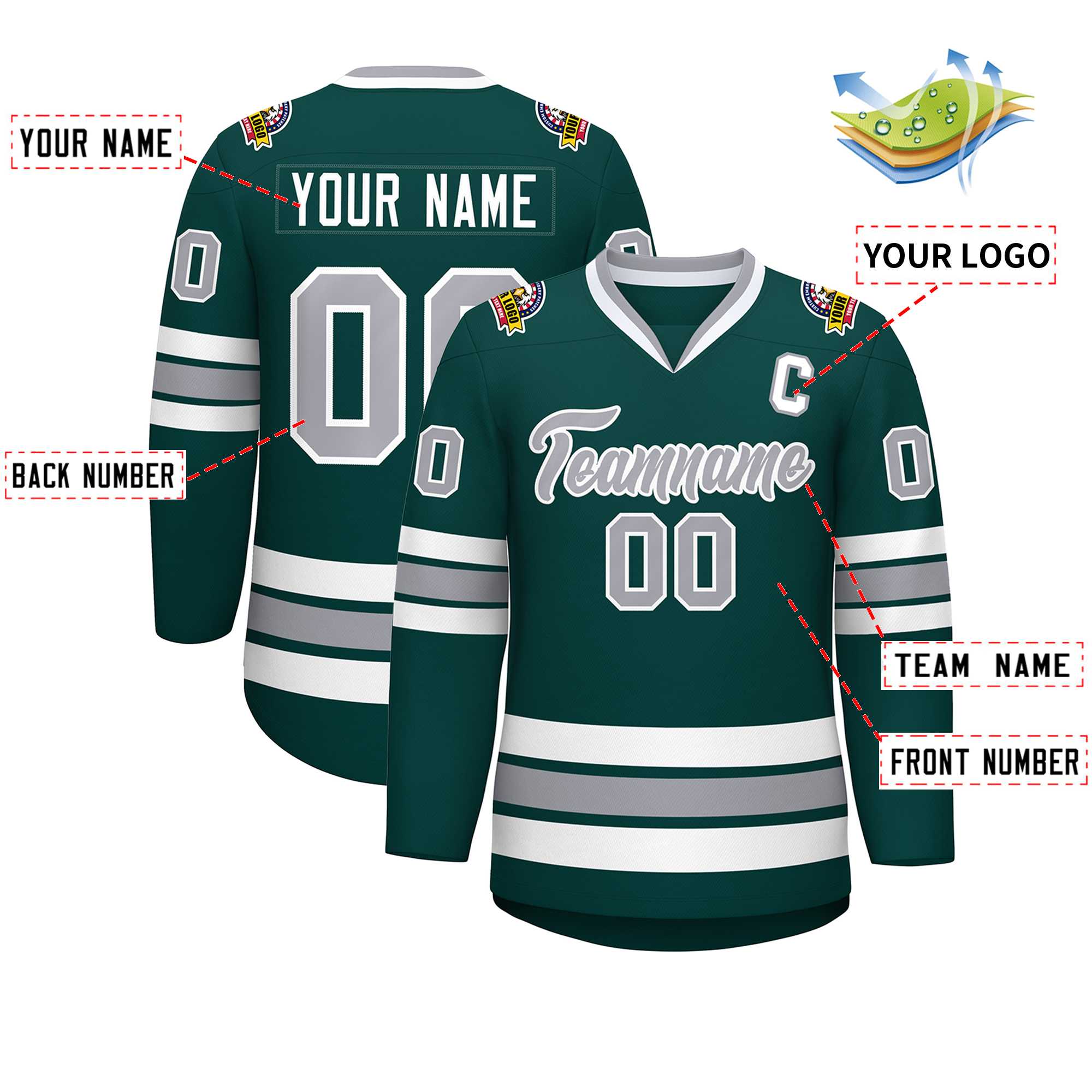 Custom Midnight Green Gray-White Classic Style Hockey Jersey | KXKSHOP