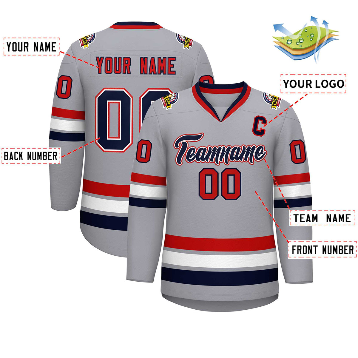 Custom Gray Navy White-Red Classic Style Hockey Jersey | KXKSHOP