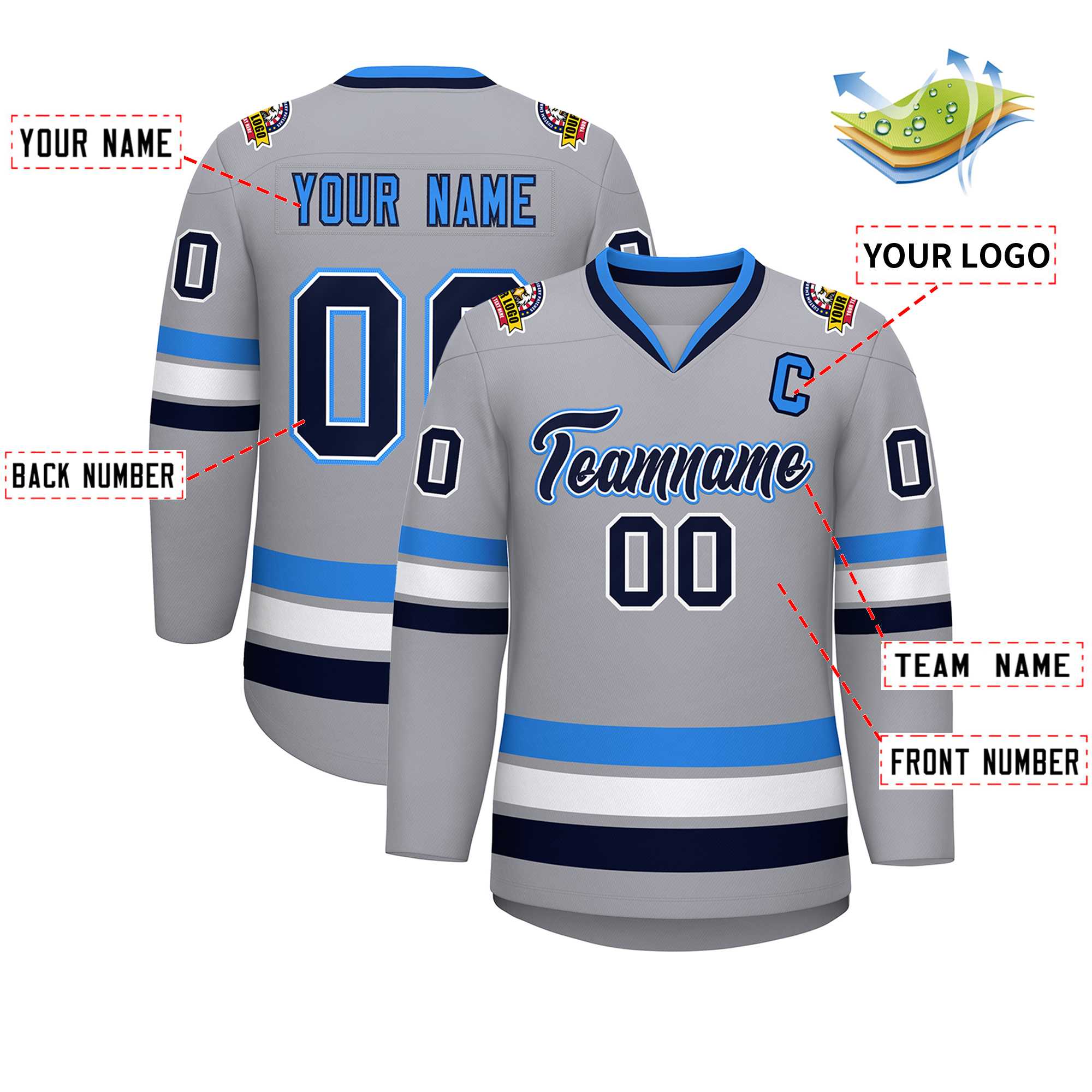 Custom Gray Navy White-Powder Blue Classic Style Hockey Jersey | KXKSHOP