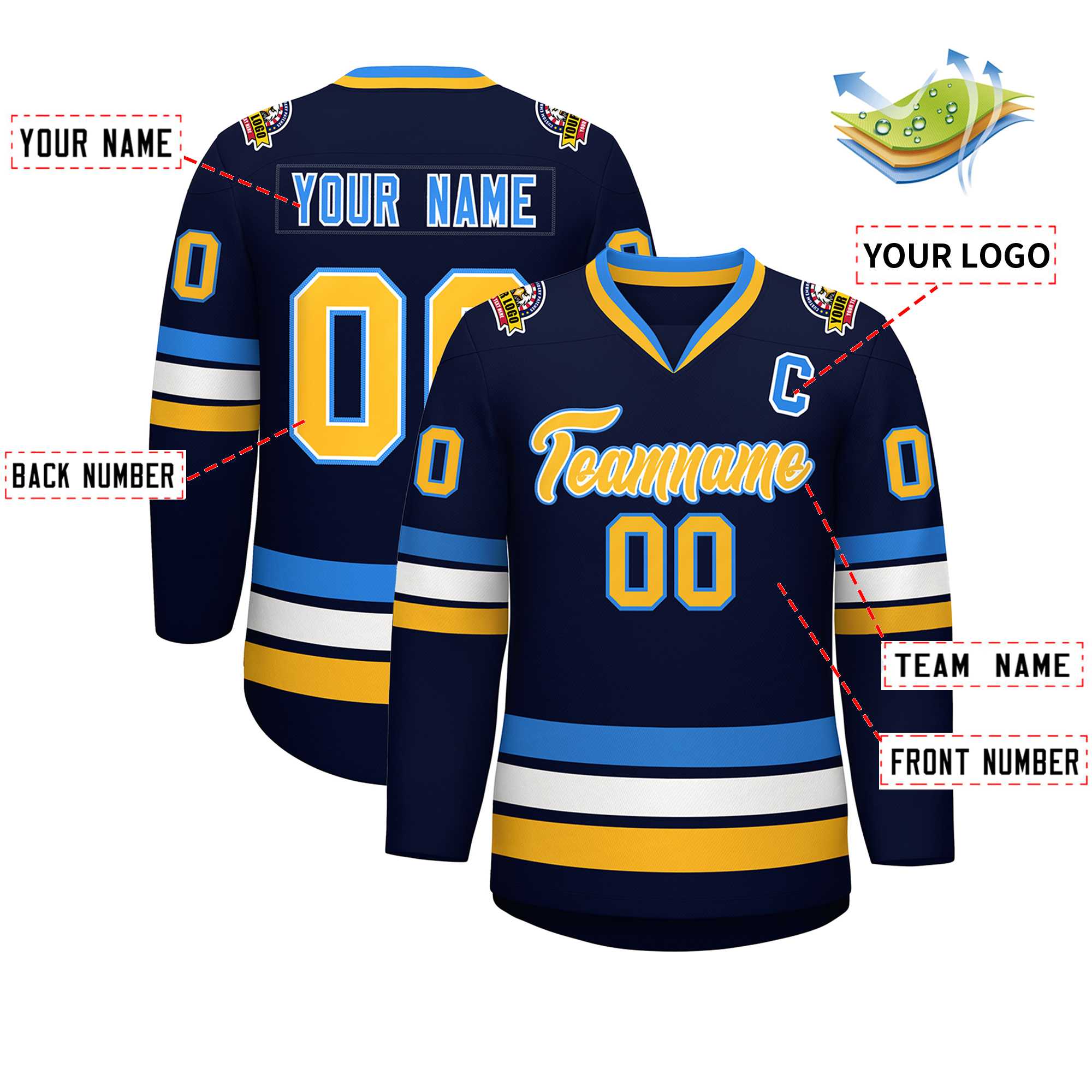 Custom Navy Gold White-Powder Blue Classic Style Hockey Jersey | KXKSHOP