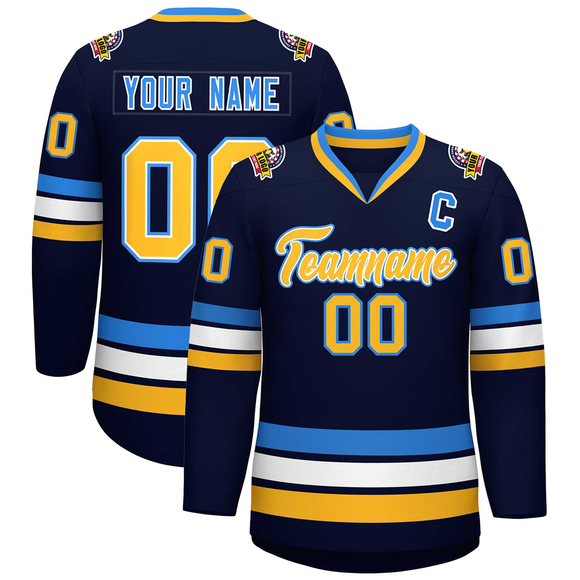 Custom Navy Gold White-Powder Blue Classic Style Hockey Jersey | KXKSHOP
