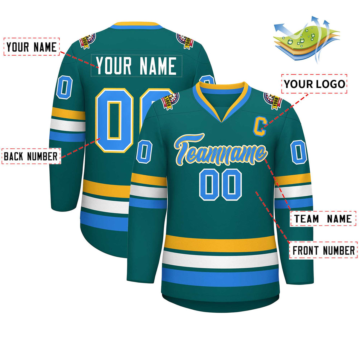 Custom Aqua Powder Blue White-Gold Classic Style Hockey Jersey | KXKSHOP