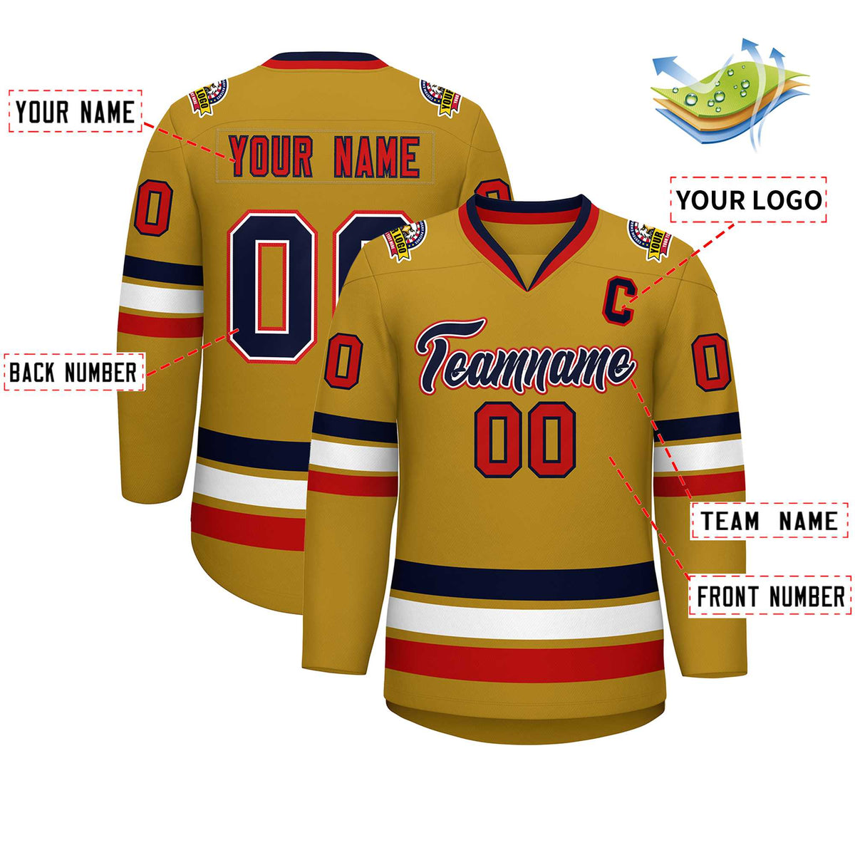 Custom Old Gold Navy White-Red Classic Style Hockey Jersey | KXKSHOP
