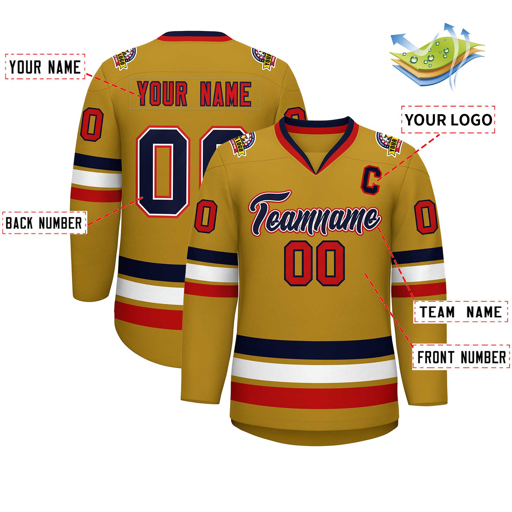 Custom Old Gold Navy White-Red Classic Style Hockey Jersey | KXKSHOP