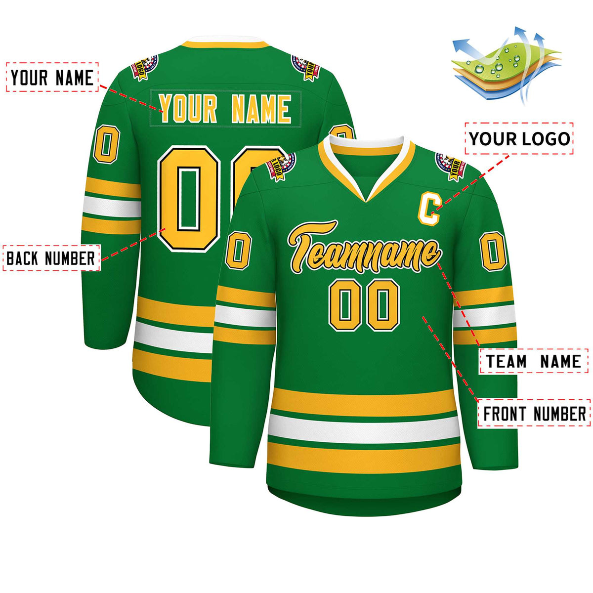 Custom Kelly Green Gold Black-White Classic Style Hockey Jersey | KXKSHOP