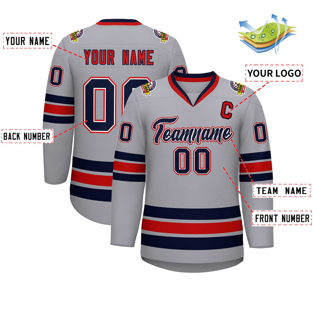 Custom Gray Navy White-Red Classic Style Hockey Jersey | KXKSHOP