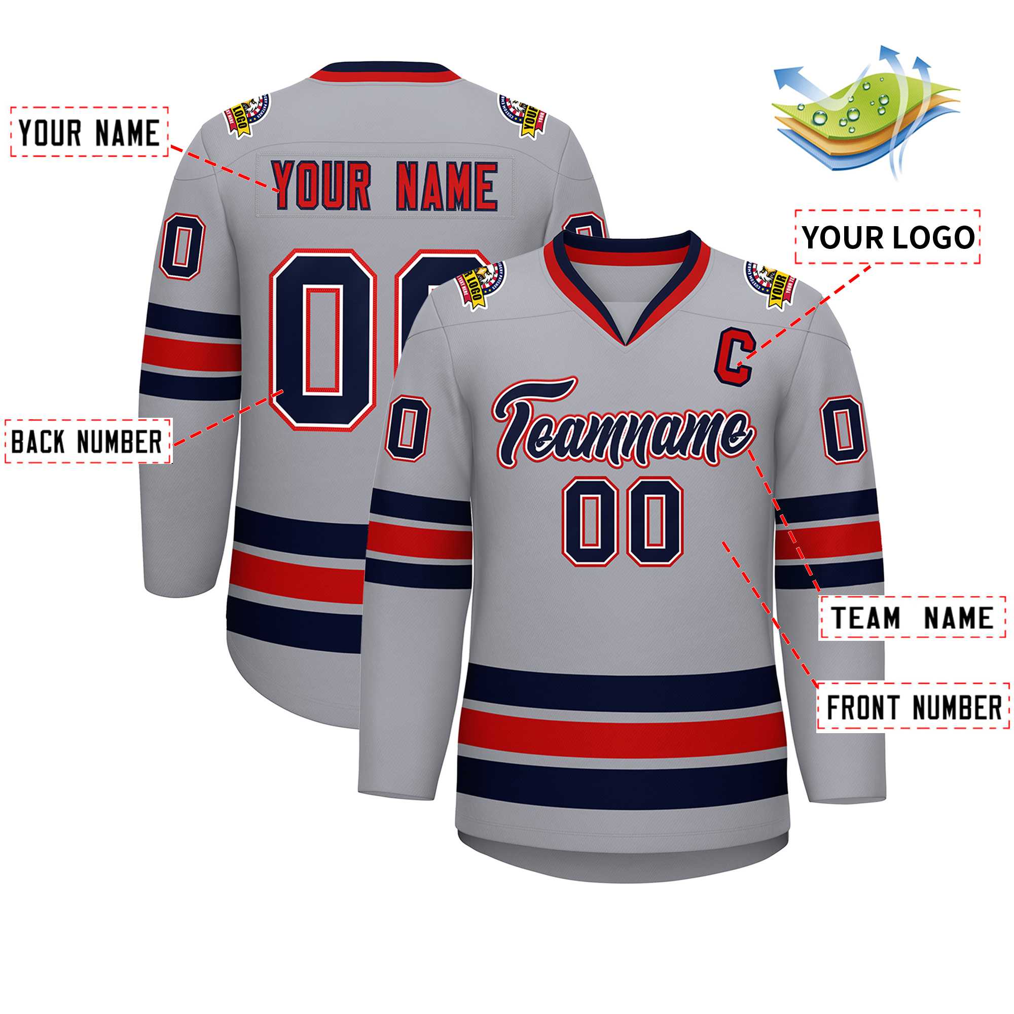 Custom Gray Navy White-Red Classic Style Hockey Jersey | KXKSHOP