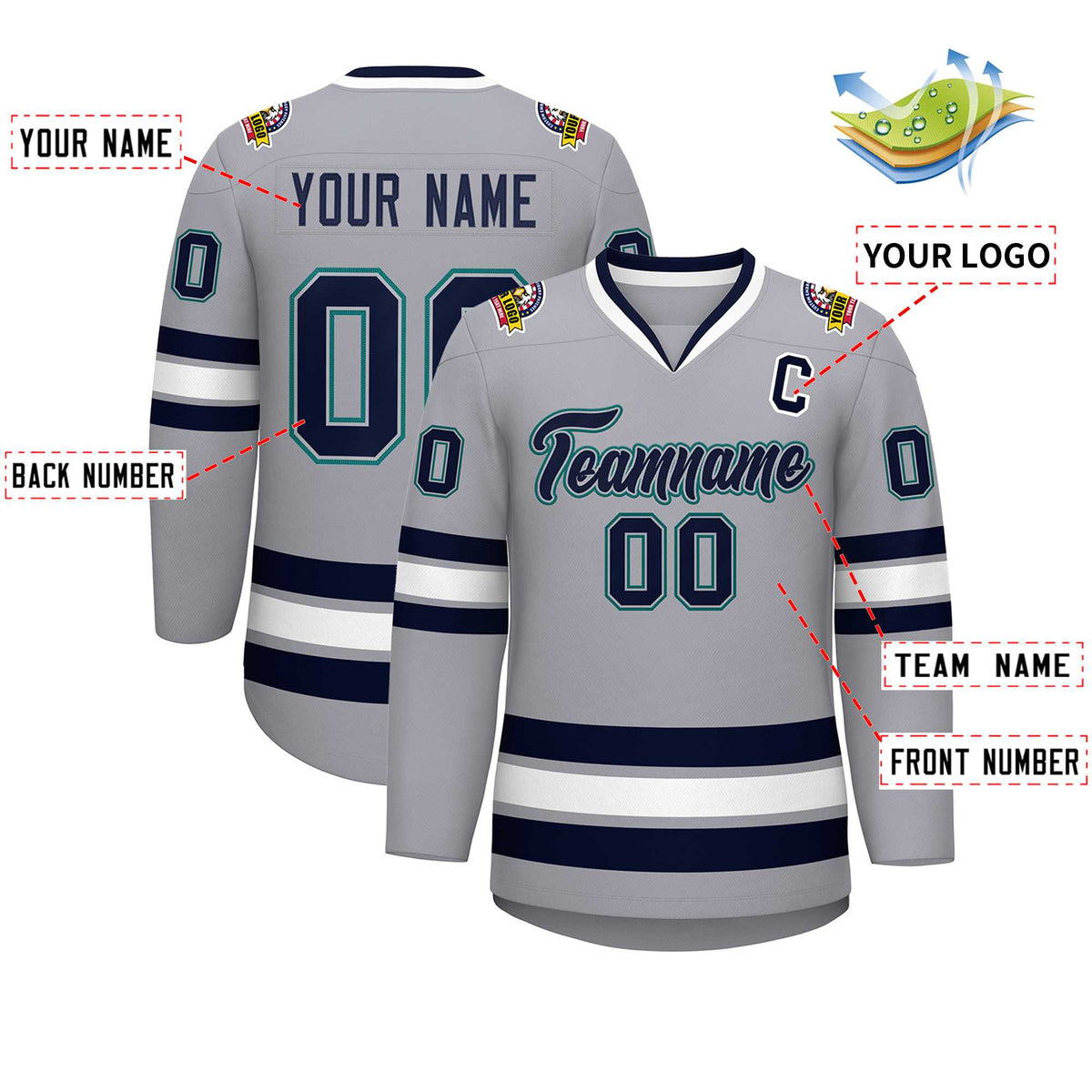 Custom Gray Navy Gray-Aqua Classic Style Hockey Jersey | KXKSHOP