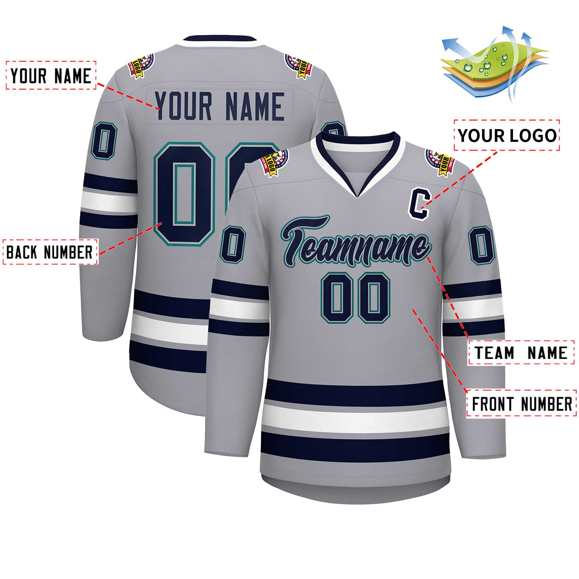 Custom Gray Navy Gray-Aqua Classic Style Hockey Jersey | KXKSHOP