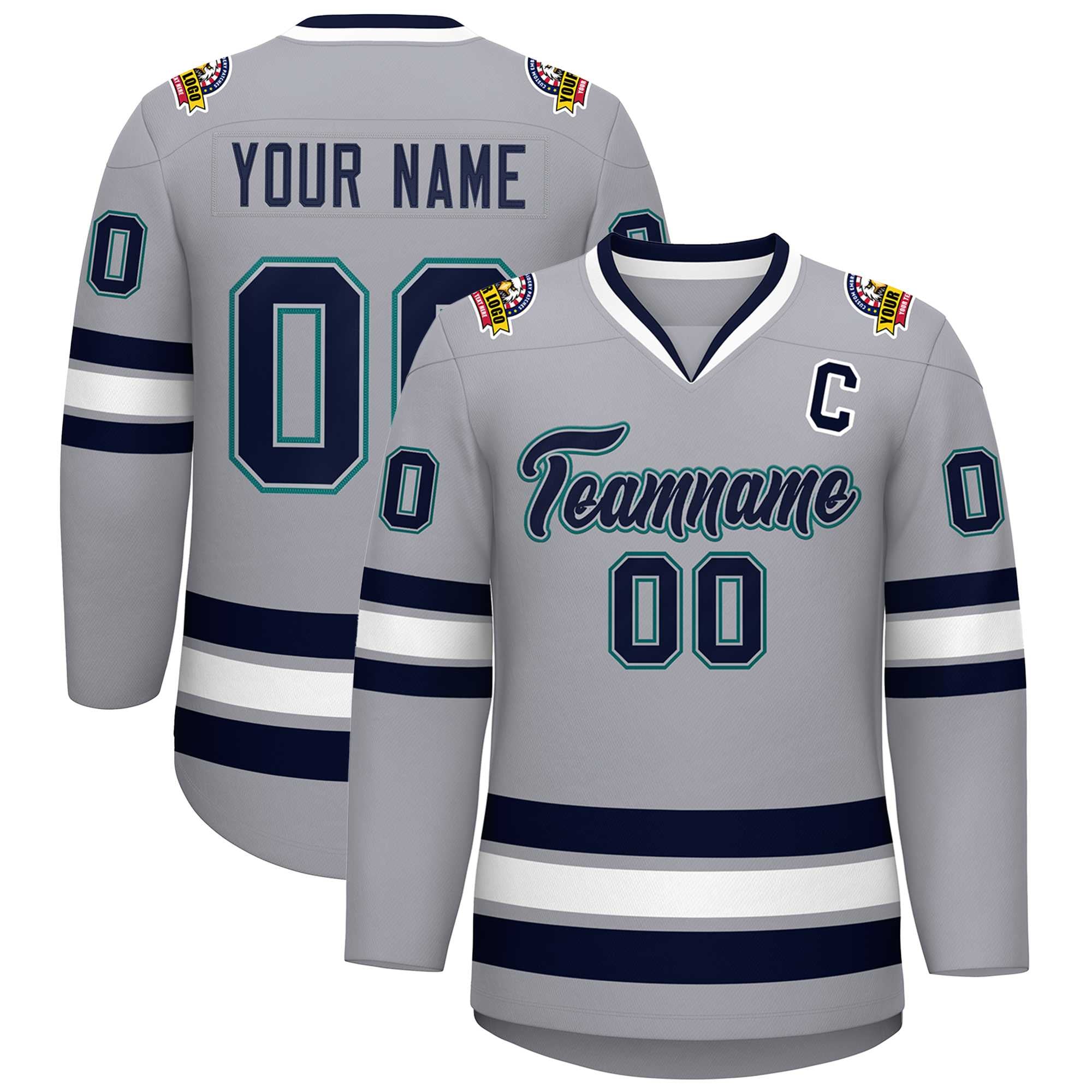 Custom Gray Navy Gray-Aqua Classic Style Hockey Jersey | KXKSHOP