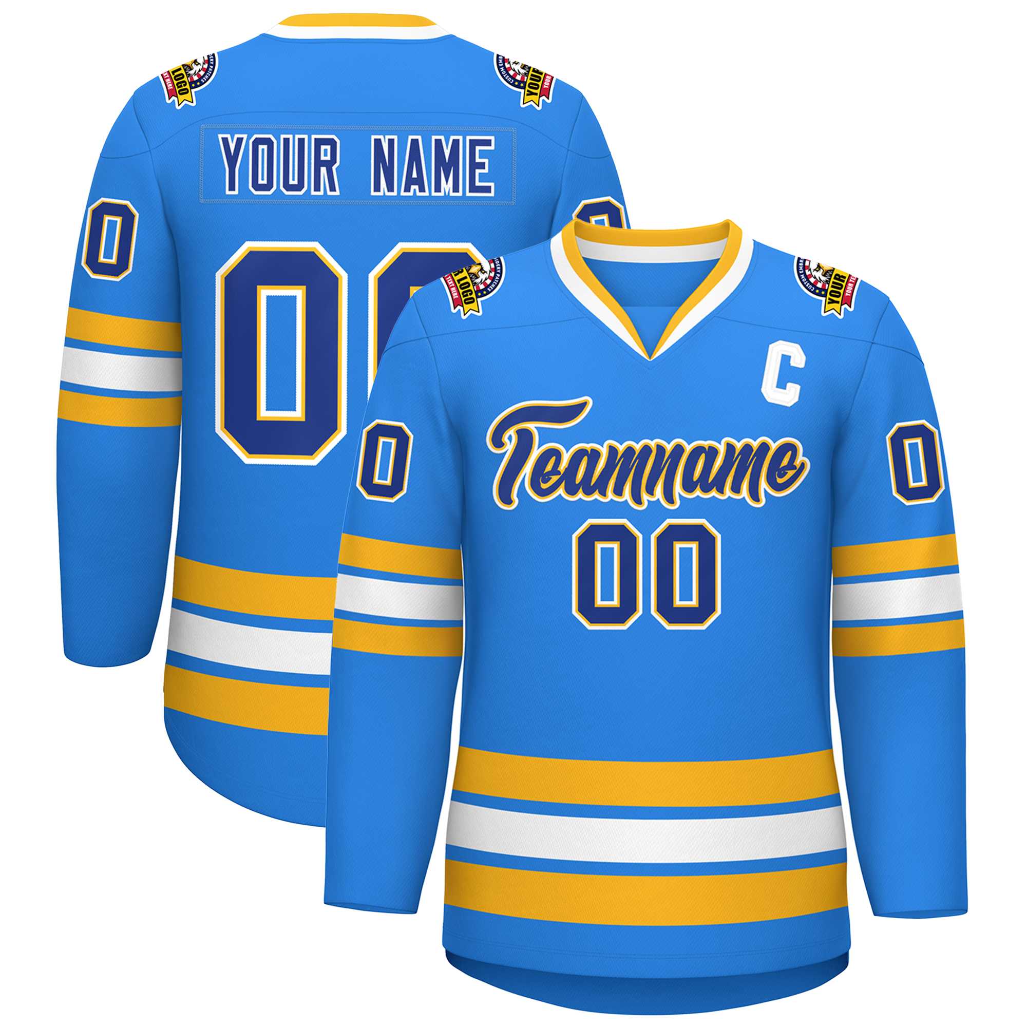 Custom Powder Blue Royal Gold-White Classic Style Hockey Jersey | KXKSHOP