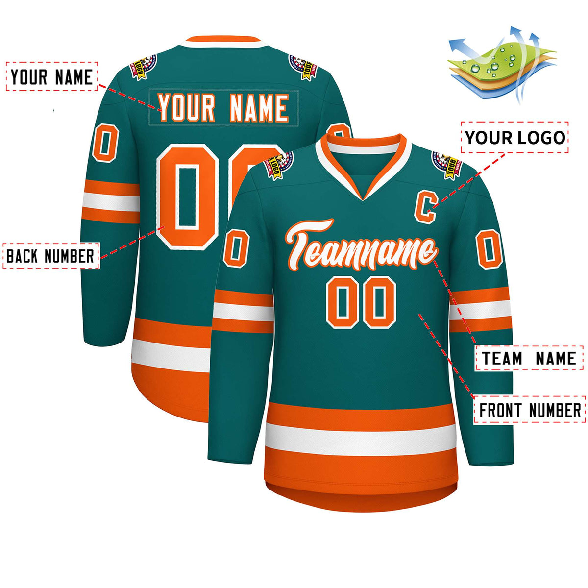 Custom Teal White-Orange Classic Style Hockey Jersey | KXKSHOP