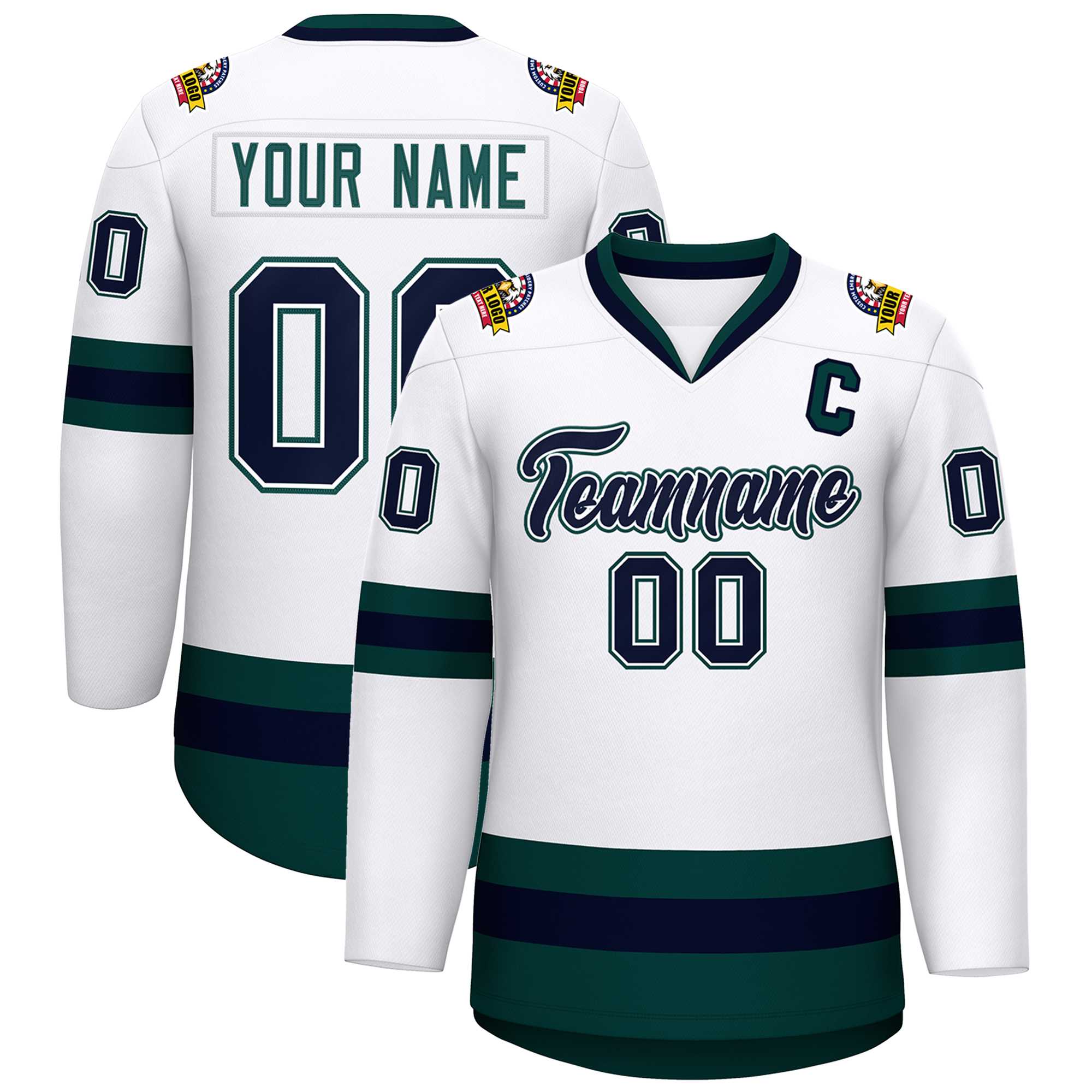 Custom White Navy White-Midnight Green Classic Style Hockey Jersey | KXKSHOP