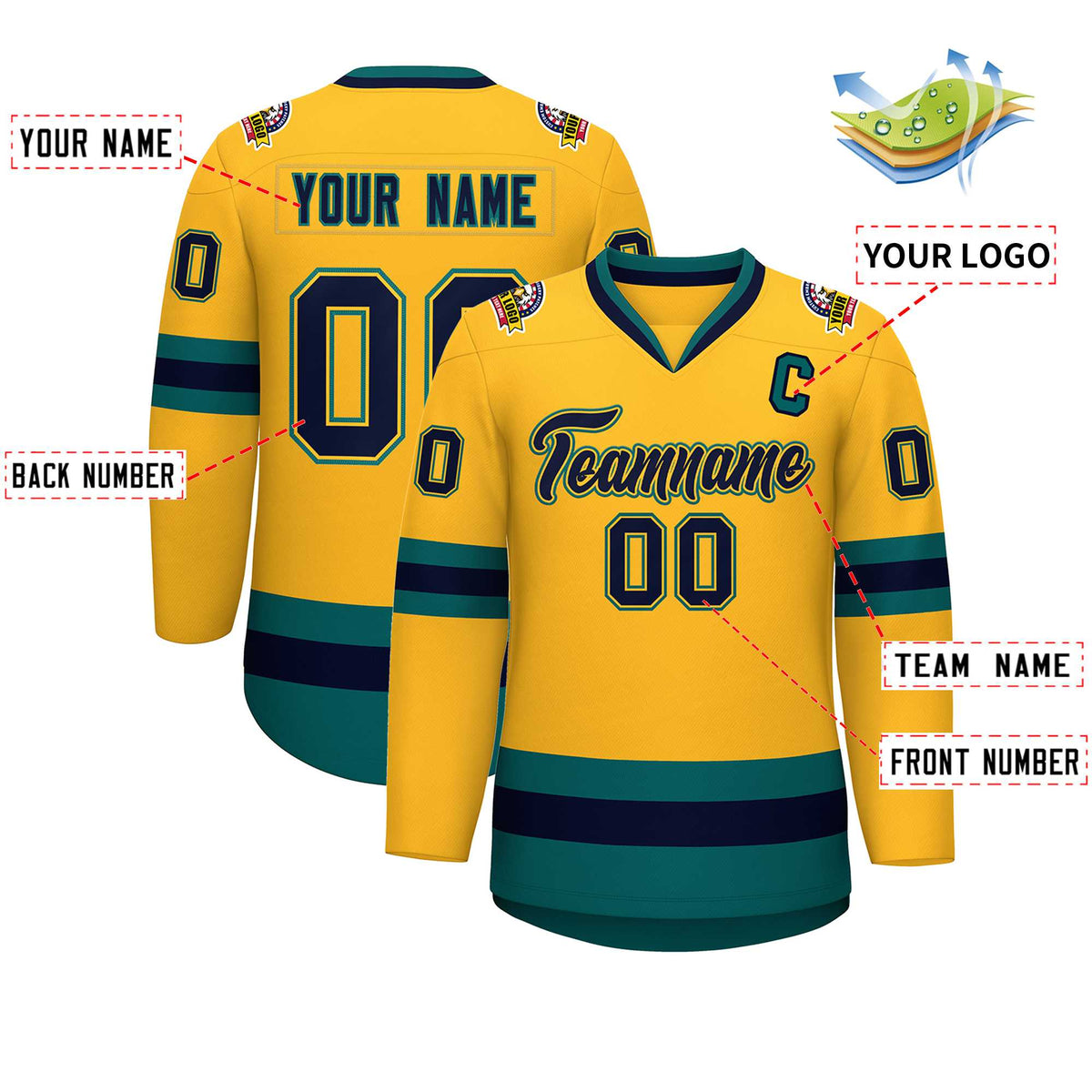 Custom Gold Navy Gold-Aqua Classic Style Hockey Jersey | KXKSHOP