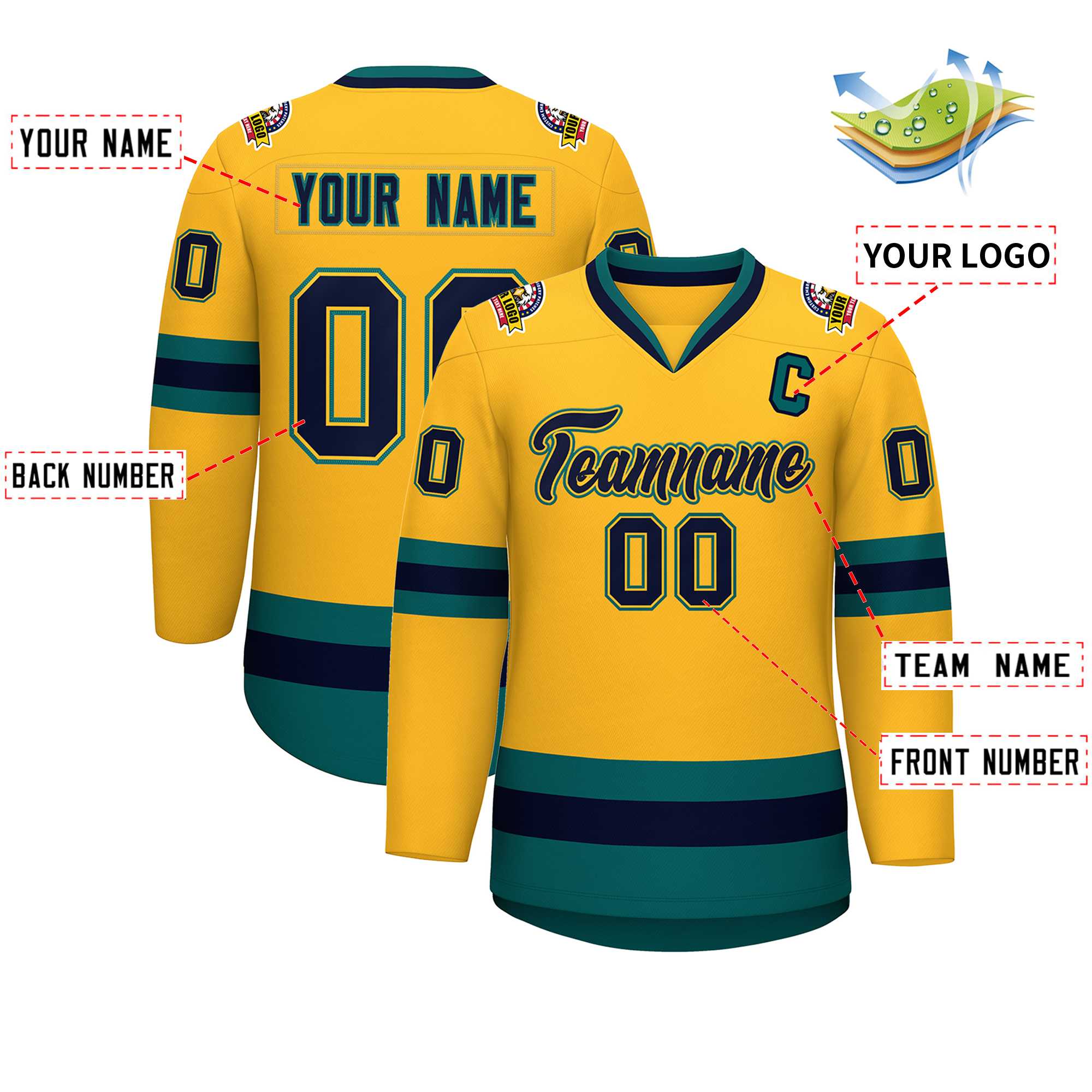 Custom Gold Navy Gold-Aqua Classic Style Hockey Jersey | KXKSHOP