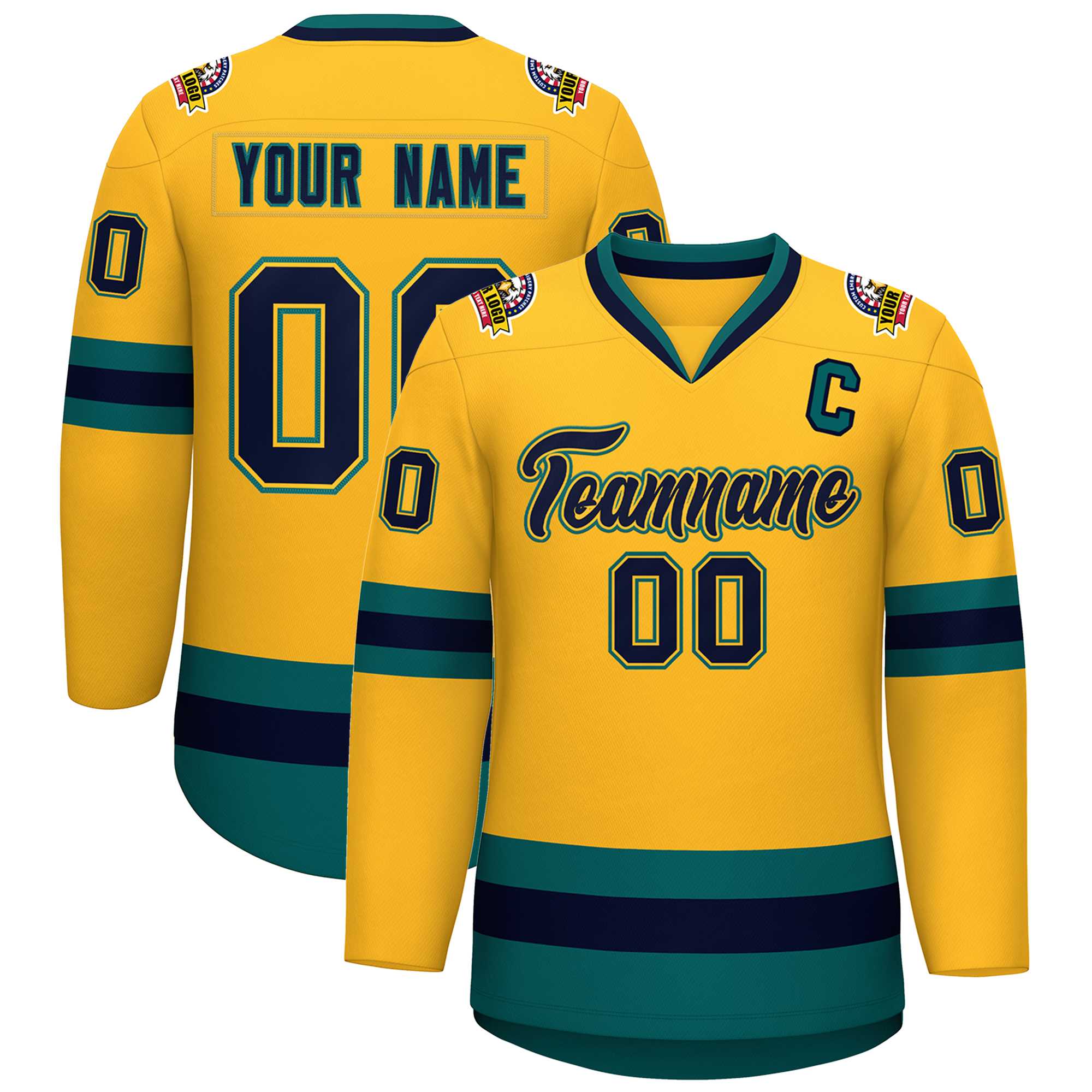 Custom Gold Navy Gold-Aqua Classic Style Hockey Jersey | KXKSHOP