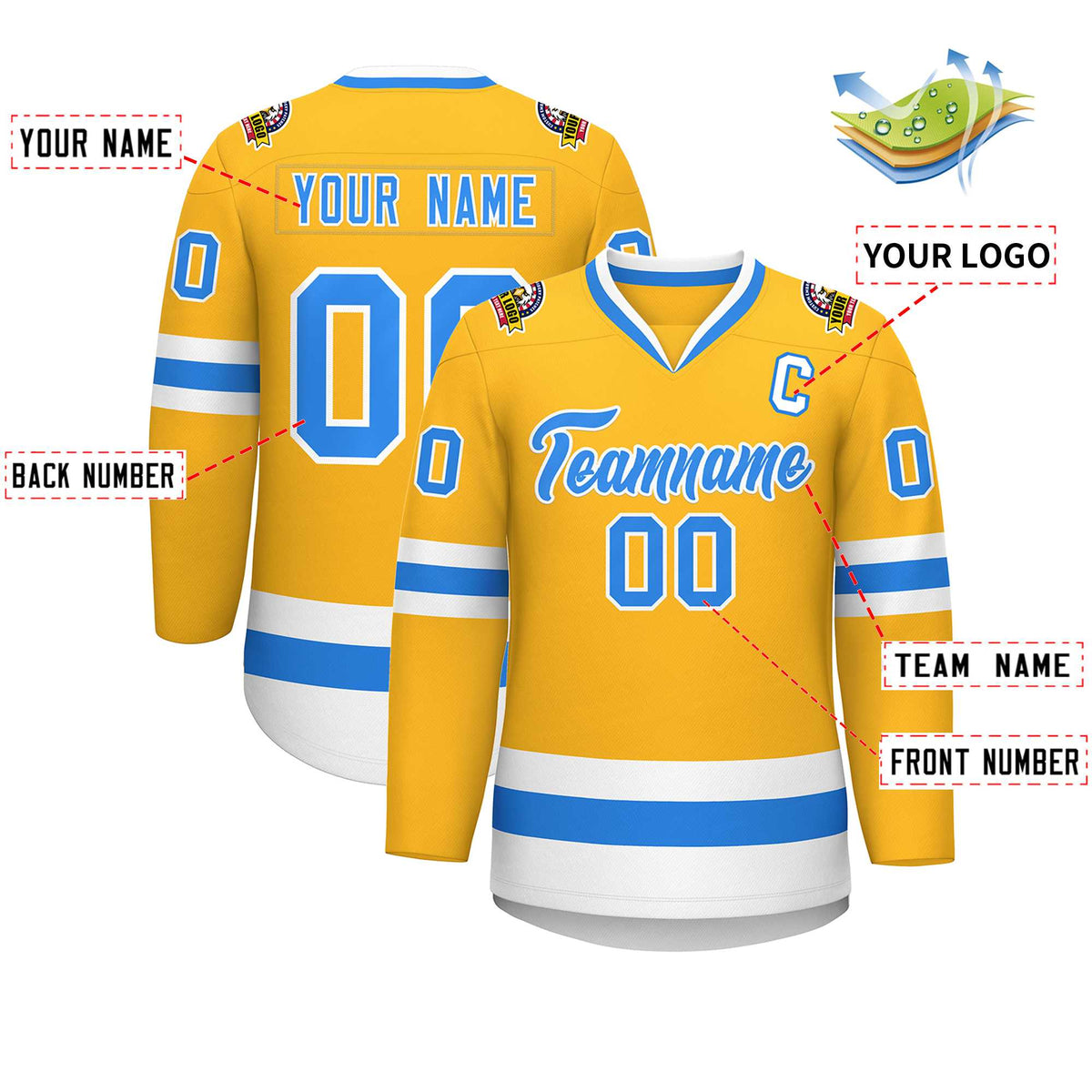 Custom Gold Powder Blue-White Classic Style Hockey Jersey | KXKSHOP