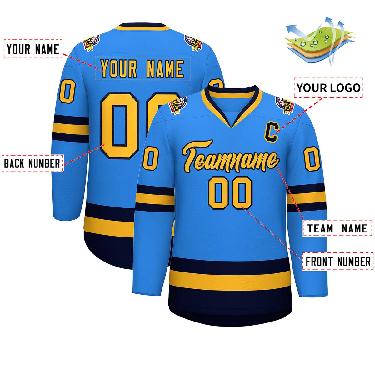 Custom Powder Blue Gold-Navy Classic Style Hockey Jersey | KXKSHOP