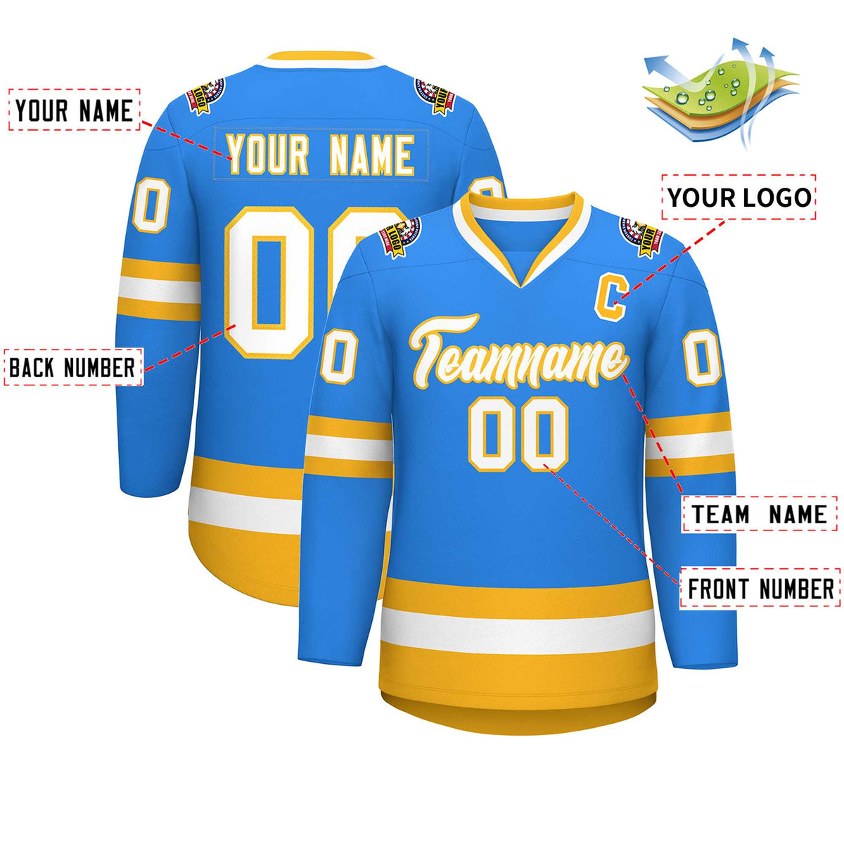 Custom Powder Blue White-Gold Classic Style Hockey Jersey | KXKSHOP