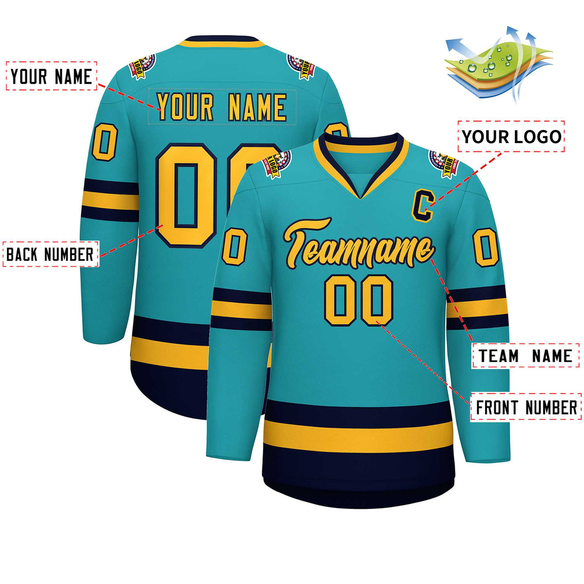 Custom Aqua Gold-Navy Classic Style Hockey Jersey | KXKSHOP