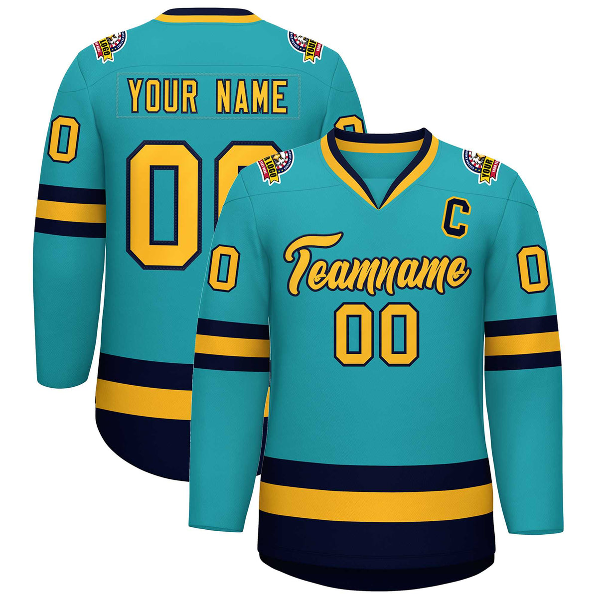 Custom Aqua Gold-Navy Classic Style Hockey Jersey | KXKSHOP