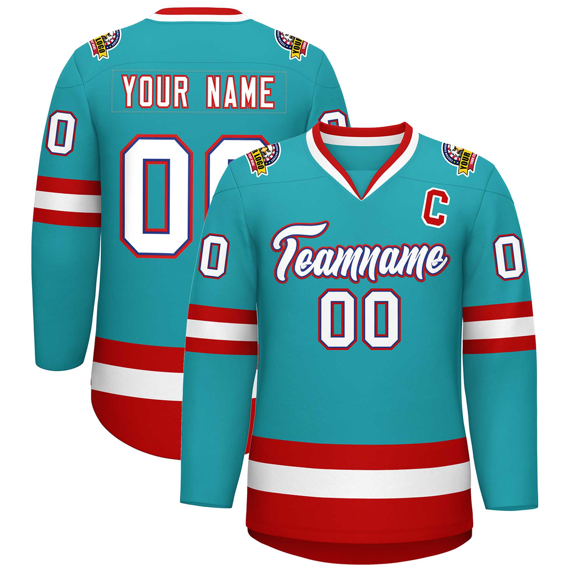 Custom Aqua White Royal-Red Classic Style Hockey Jersey | KXKSHOP