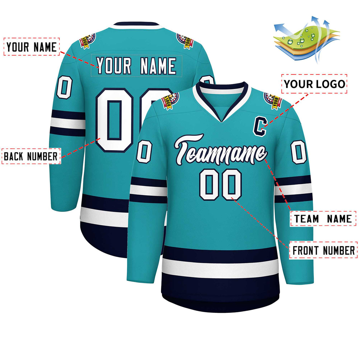 Custom Aqua White-Navy Classic Style Hockey Jersey | KXKSHOP