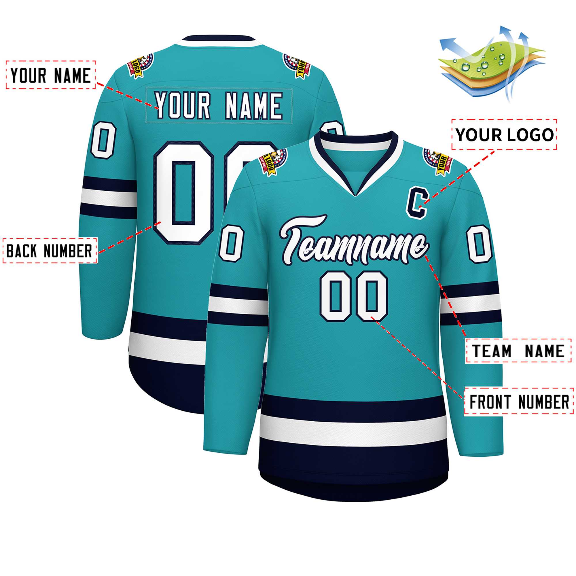 Custom Aqua White-Navy Classic Style Hockey Jersey | KXKSHOP
