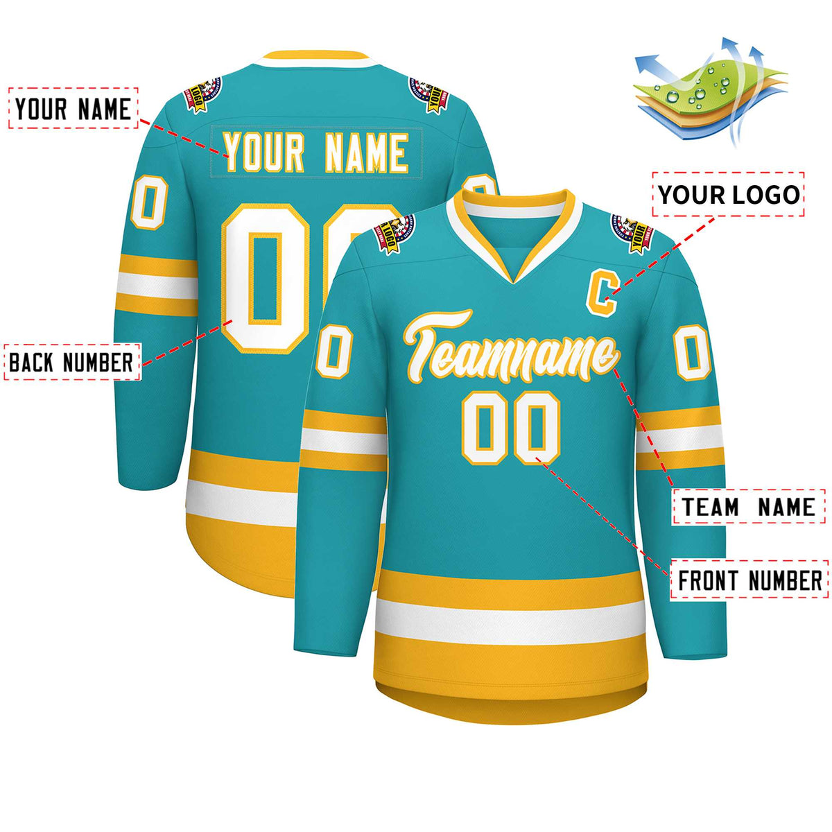 Custom Aqua White-Gold Classic Style Hockey Jersey | KXKSHOP