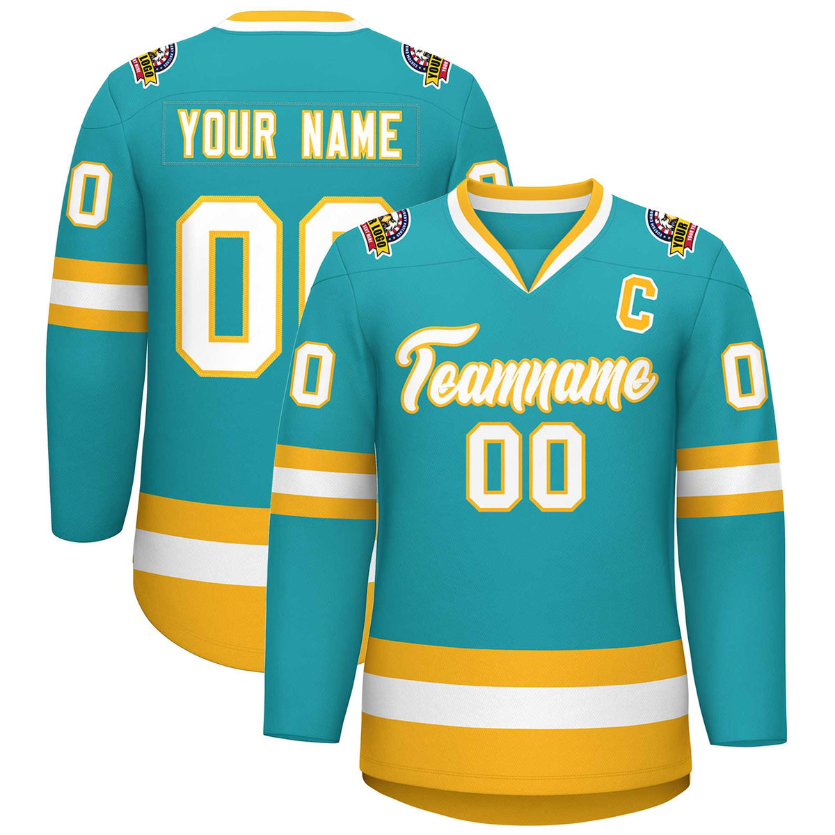 Custom Aqua White-Gold Classic Style Hockey Jersey | KXKSHOP