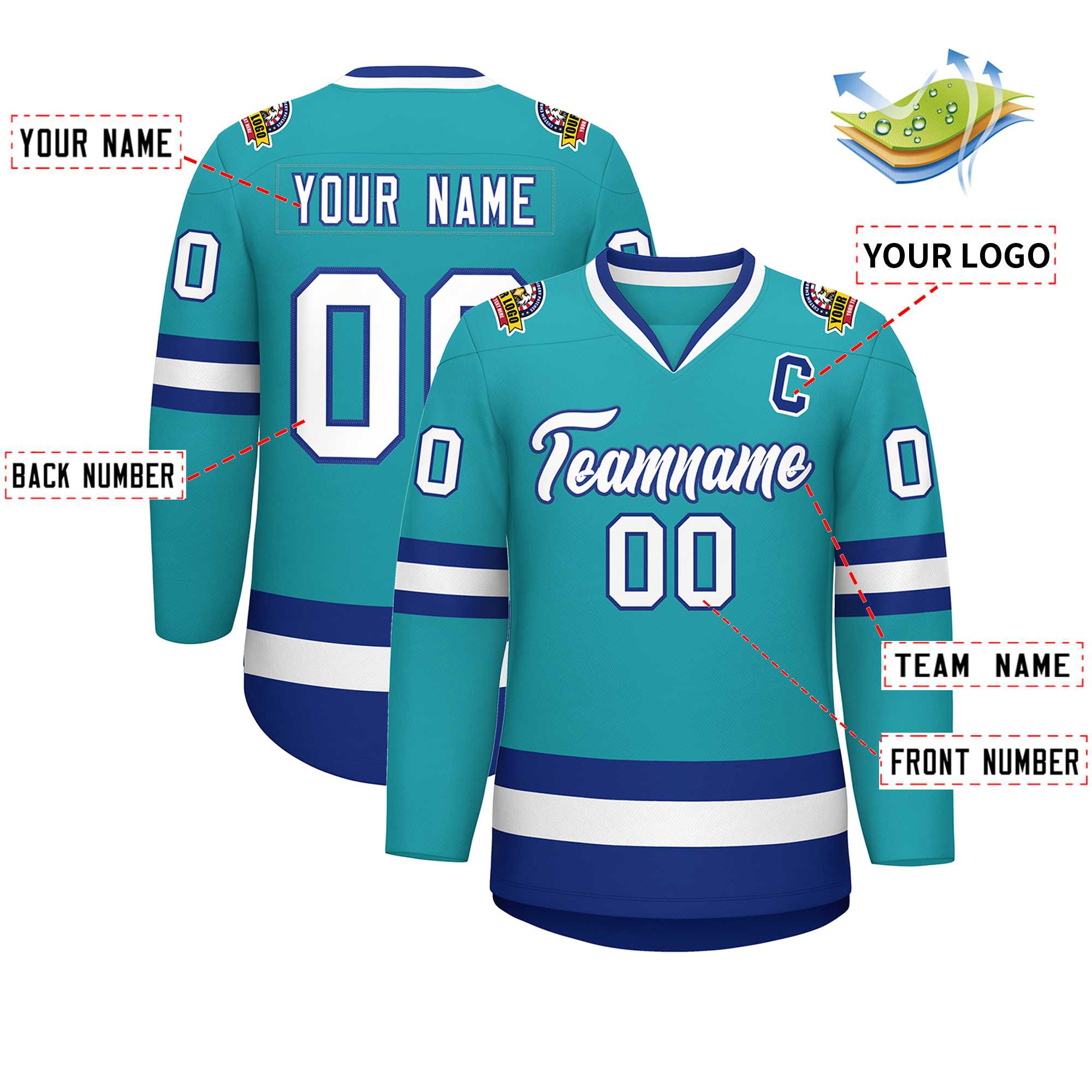 Custom Aqua White-Royal Classic Style Hockey Jersey | KXKSHOP