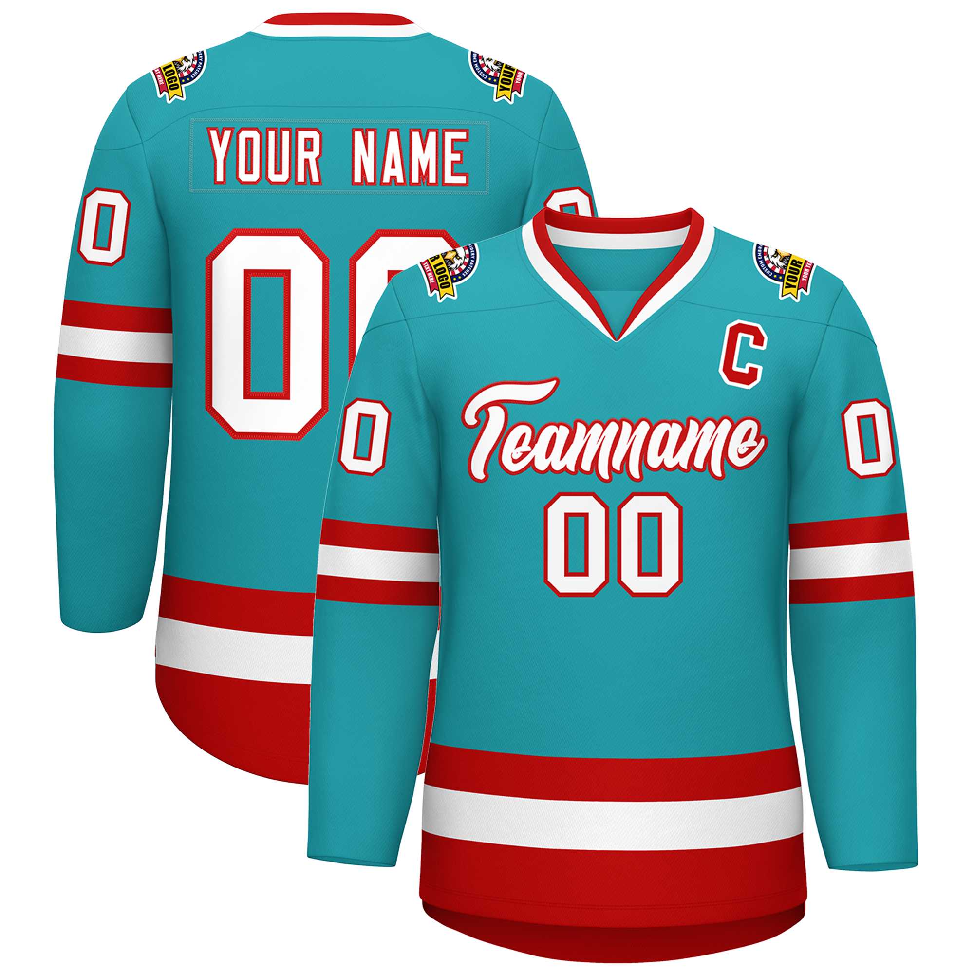 Custom Aqua White-Red Classic Style Hockey Jersey | KXKSHOP